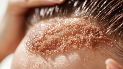 Fototapeta premium A close-up of exfoliating granules being massaged into the scalp, promoting detoxification and healthy regrowth