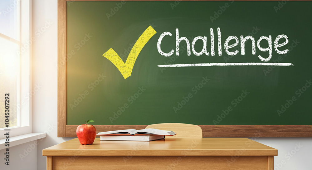 Poster desk in classroom with challenge written on chalkboard and apple on desk