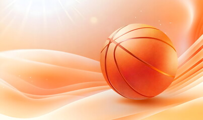 Obraz premium Dynamic Basketball Flow: Abstract basketball art. A vibrant orange basketball floats amidst swirling, peach-colored abstract waves, creating a dynamic and energetic composition. 