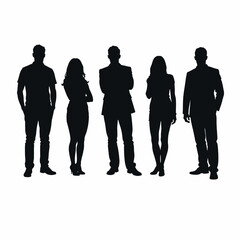 Five silhouettes of people standing together, including two men and three women of varying heights and builds