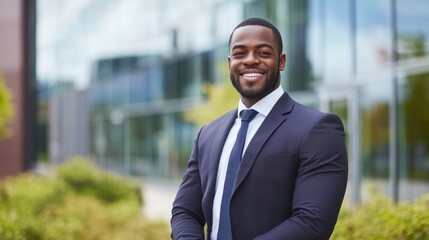 Confident businessman smiling outdoors in a professional setting.