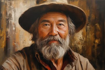 painting of a man with a hat and a beard wearing a brown shirt