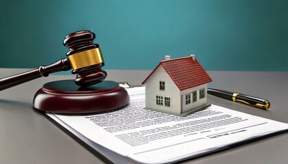 Legal documents with gavel and house model.