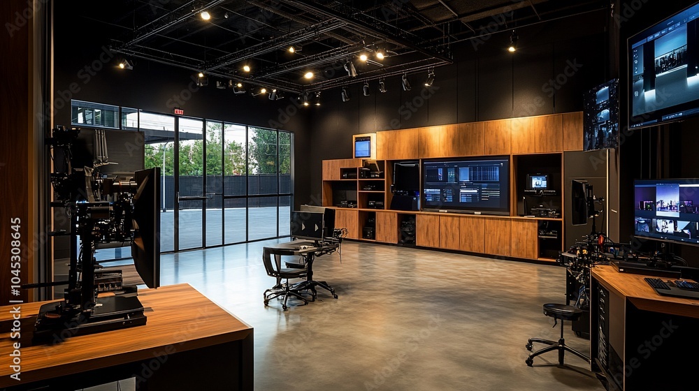 Poster a modern and spacious editing suite with multiple computer workstations, large screens, and a sleek 