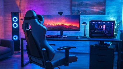 A modern gaming setup with a computer, chair, desk, and colorful lights.