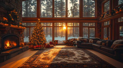 Obraz premium Warm room with snow outside and a Christmas tree, creating a Christmas atmosphere. Dreamy, ambient lighting, integrated art, real estate photography, medium shot.