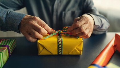 Elderly Man wrapping colorful christmas  gift box 