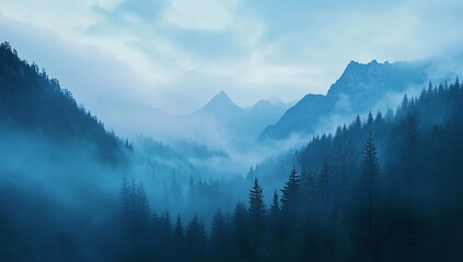 Obraz premium Misty mountain landscape during early morning in a dense forest with towering trees and low-lying clouds capturing serene nature