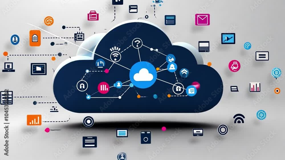 Poster an animated representation of cloud computing technology with colorful graphics and symbols