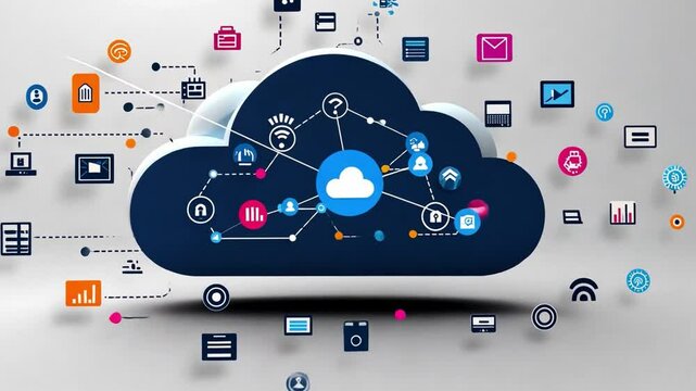 An animated representation of cloud computing technology with colorful graphics and symbols