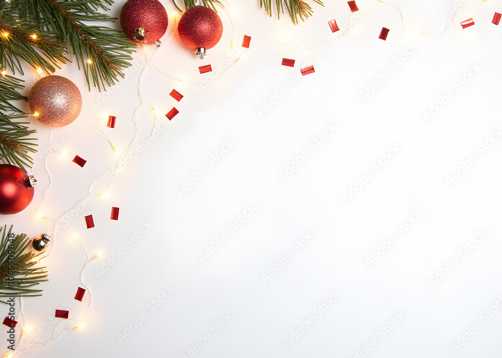 Poster sparkling christmas decorations on a white background with festive lights and confetti in a flat lai