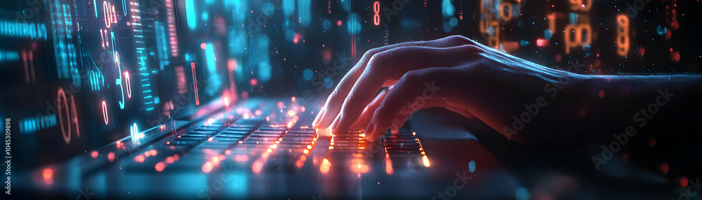 Poster digital finance concept glowing numbers close up hands typing keyboard illuminated financial data fl