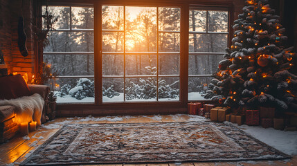 Warm room with snow outside and a Christmas tree, creating a Christmas atmosphere. Dreamy, ambient lighting, integrated art, real estate photography, medium shot.
