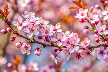 Obraz premium Cherry plum branch with flowers and leaves in spring