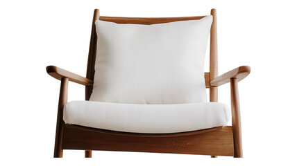 Fototapeta premium A cozy wooden armchair with a large white cushion, perfect for relaxation in modern living spaces.
