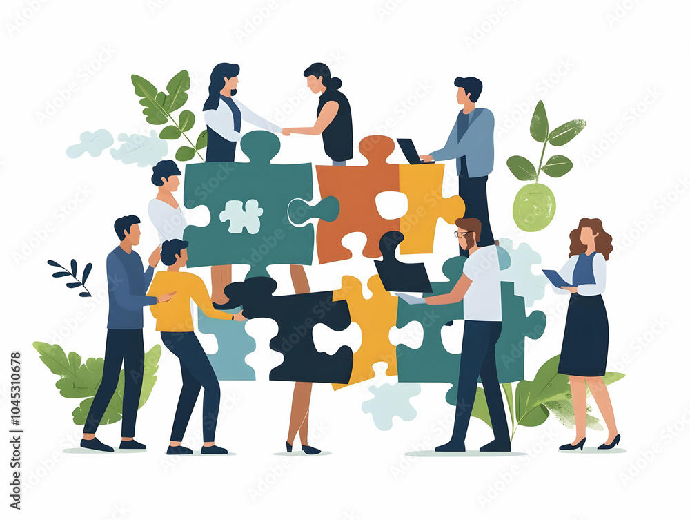Poster teamwork problem solving diverse businesspeople assembling puzzle pieces unity collaboration medium 