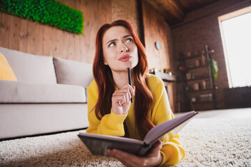 Portrait of nice young girl notepad pen contemplate ponder wear yellow sweater loft interior flat...