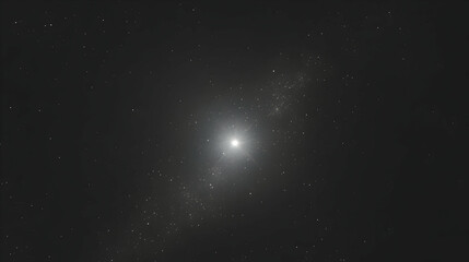 A space background with negative space, featuring a single glowing white star in the center of a black canvas, with subtle shadows adding depth