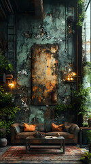 This is a scrapyard style living room, with industrial lighting, raw walls, rotten vases, steel table tops, minimalism, exposed wires, gross details, high resolution and ultra high definition.