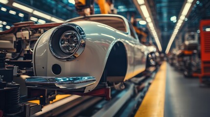 Fototapeta premium Vintage car manufacturing, using traditional methods alongside modern technology for classic vehicle restoration.