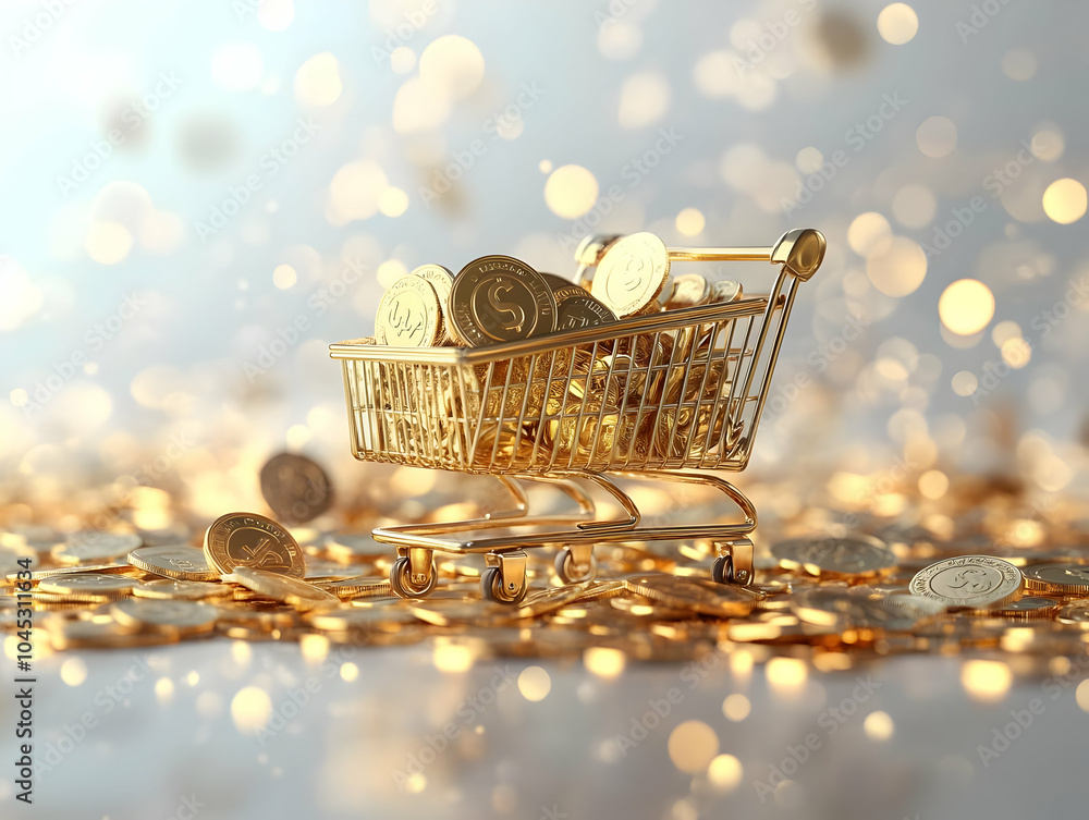 Poster flat abstract coins shopping cart bokeh effect creative digital artwork currency transactions e-comm
