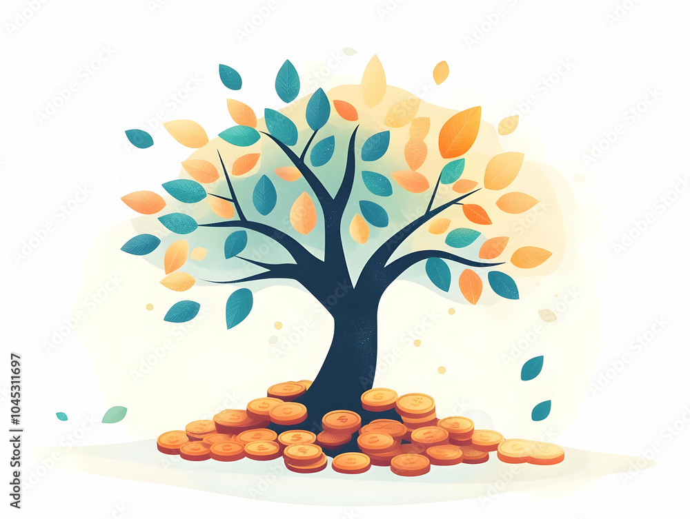 Poster flat abstract money tree growing from coins digital art with bokeh background - illustrating investm