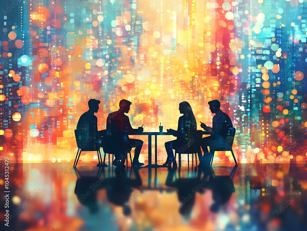 Aufkleber flat business team silhouettes discussing at table | abstract digital art | teamwork collaboration m