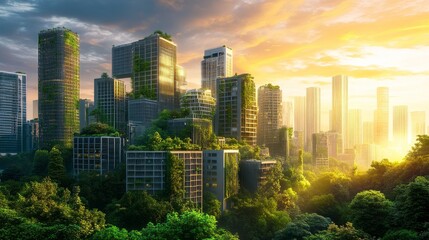 Obraz premium A futuristic cityscape showcasing trendy topics in climate change adaptation, with green architecture and sustainable technologies