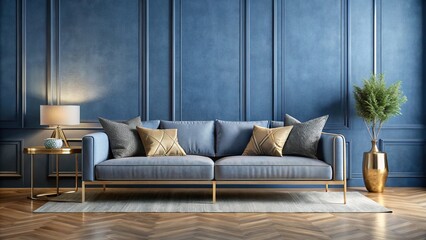 chic gre fabric sofa, deep blue wall, metallic decor accents