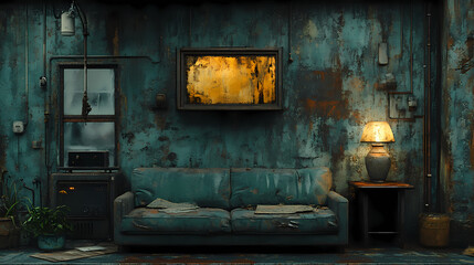This is a scrapyard style living room, with industrial lighting, raw walls, rotten vases, steel table tops, minimalism, exposed wires, gross details, high resolution and ultra high definition.