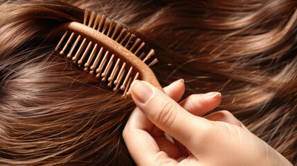 Fototapeta premium A hand holding a wooden hairbrush with natural bristles, gently running through smooth, tangle-free hair