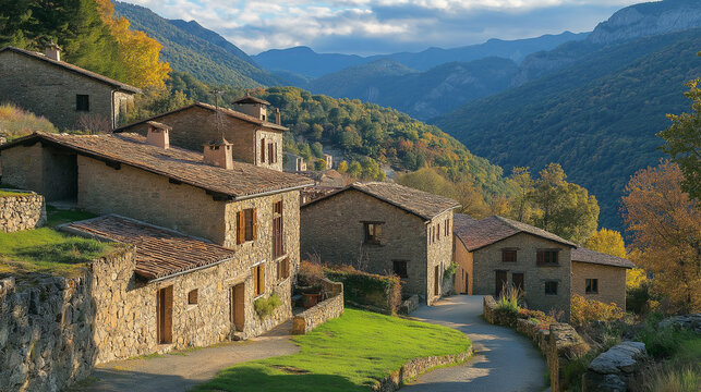 view of the rural village Os de Civ?s in the Catalan Pyrenees with the stone houses