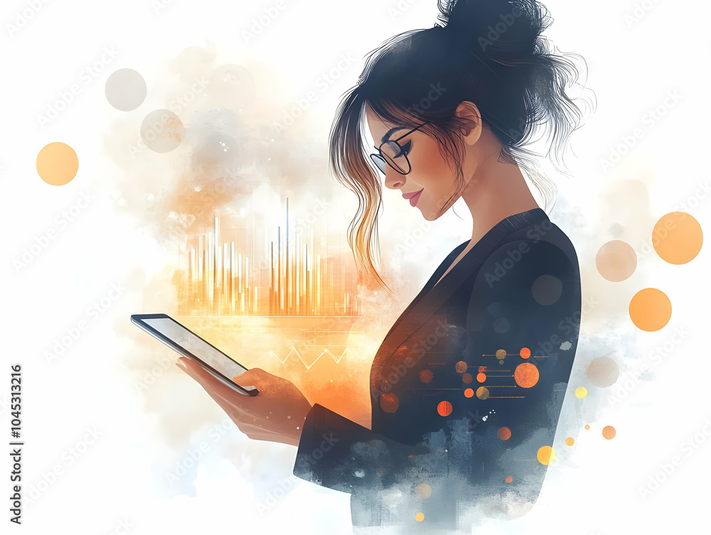 Poster flat businesswoman analyzing graphs tablet digital artwork abstract background bokeh lights data ana