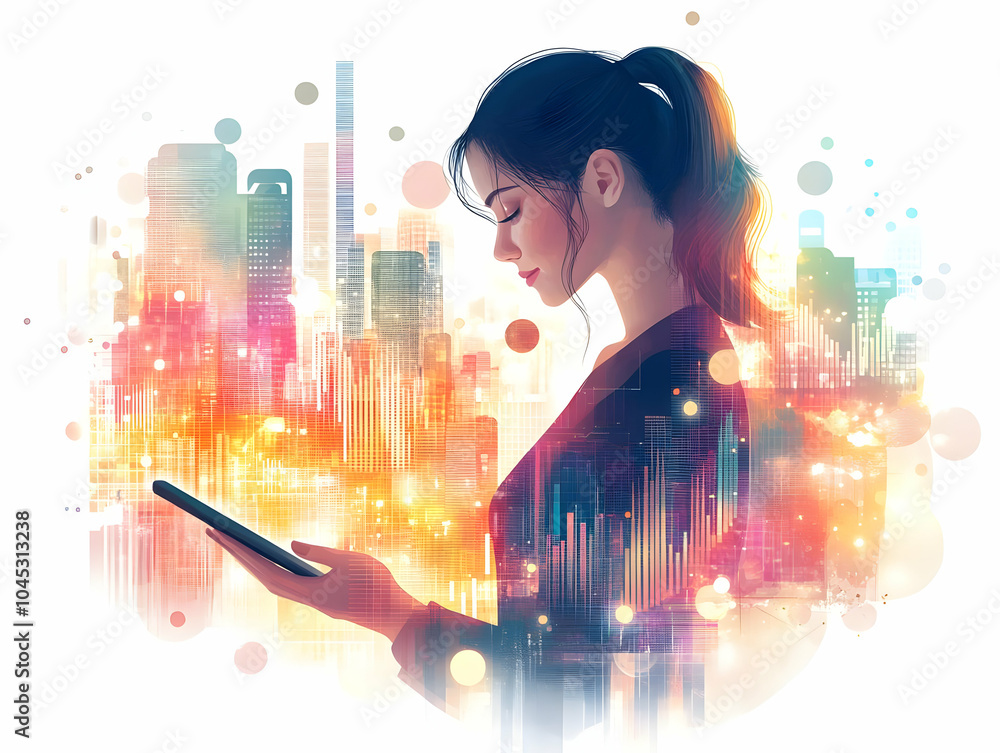 Poster flat businesswoman tablet data analysis abstract background bokeh lights digital art modern business