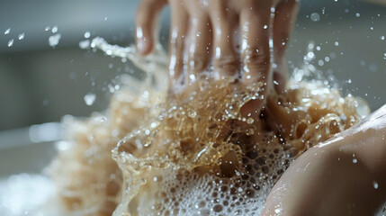 Fototapeta premium A hand massaging a scalp exfoliating treatment into the roots, with a focus on cleansing and renewal