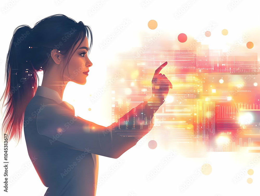 Poster flat businesswoman holographic financial data interface digital artwork abstract background bokeh li