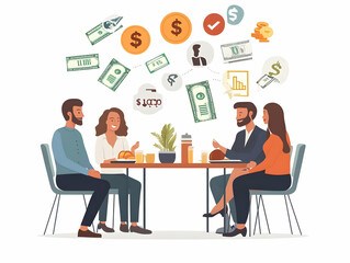 Candid Business Lunch Meeting Flat Vector Illustration With Floating Financial Symbols Dollar Signs Discount Tags Focused On Financial Strategies White Background Space