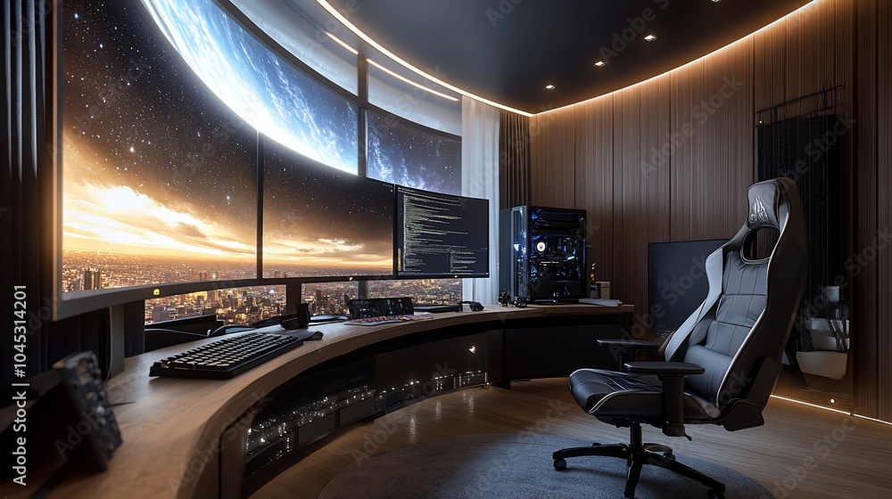 Poster a modern, spacious home office with curved screens displaying a futuristic city skyline and outer sp