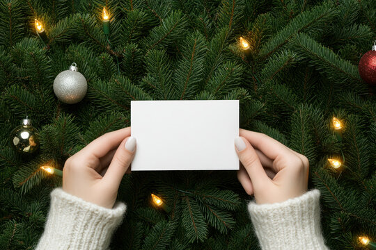 Hands holding a blank card above a Christmas tree with decorations.