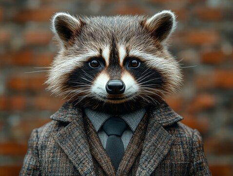 Close-up of an anthropomorphic raccoon in a sharp suit, emphasizing adaptability and intelligence for tech startups and consulting firms. Detailed view of suit and raccoon.