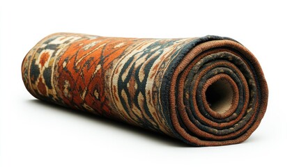A rolled traditional rug showcasing intricate patterns and vibrant colors.