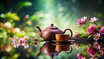 Chinese tea ceremony with traditional teapot and flowers reflected in the water