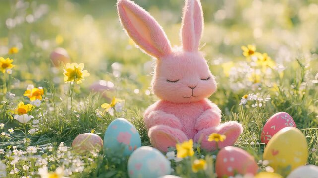 Stock minimalist photography of a pink bunny with closed eyes, sitting on a green field surrounded by Easter eggs and wildflowers, softly lit by natural light