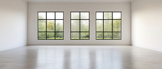 Spacious room with large windows and natural light, minimalist style, white walls.