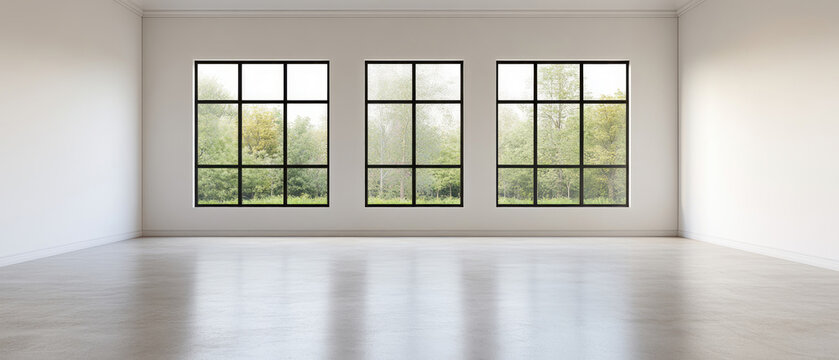 Spacious room with large windows and natural light, minimalist style, white walls.