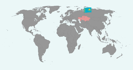 Pin map with Kazakhstan flag on world map. Vector illustration.