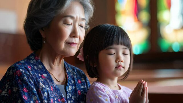 Asian grandmother and young granddaughter praying together quietly on a bench in a serene church setting. Minimal, sacred background with room for copy space.