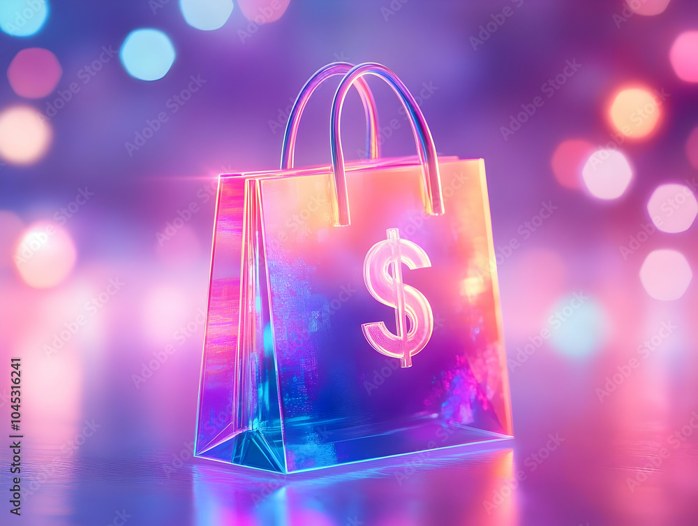 Poster holographic shopping bag close up with glowing currency symbols - macro image for modern commerce an