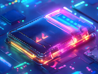 Holographic Wallet Close-up with Glowing Currency and Discount Symbols, Macro Image Showcasing Advanced Financial and Advertising Elements on Clean Background with Copy Space - Vector Illustration