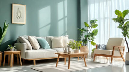 Fototapeta premium Wooden coffee table and chair. gray sofa against green wall
